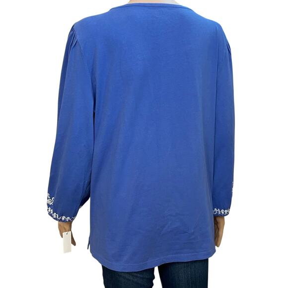 Talbots Cotton Eyelet Embroidered Tshirt XL Blue 3/4 Sleeve Boat Neck Classic - Picture 4 of 9